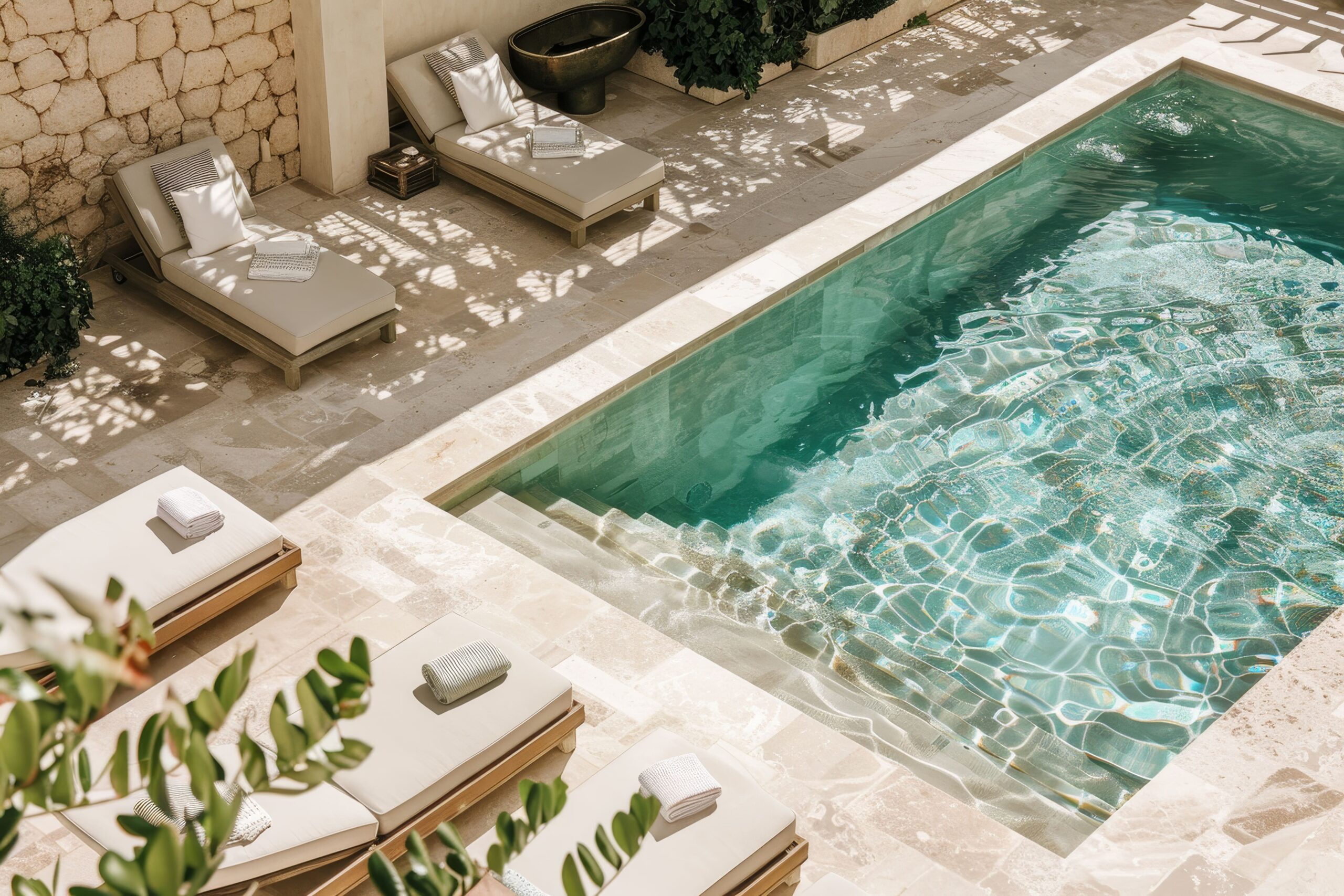 une piscine entouree de fauteuils longs dans un complexe luxueux une piscine luxueuse avec de l eau gazeuse et des chaises longues 1 scaled